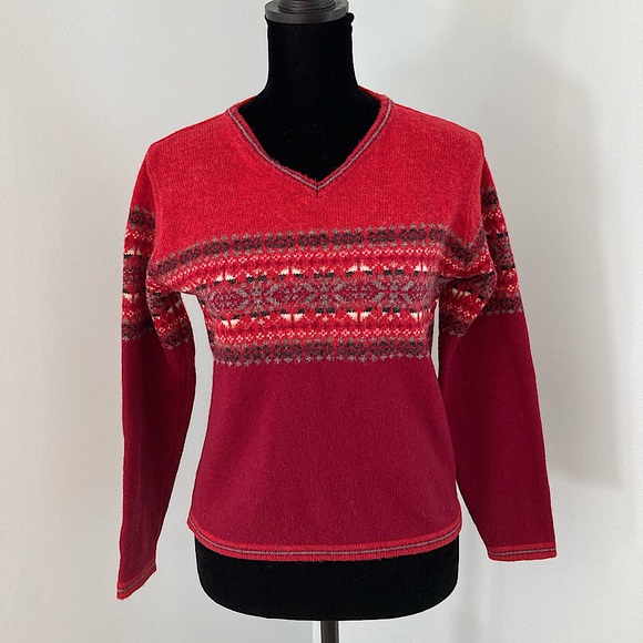 GAP Vintage V-Neck Fair Isle Lambswool Pullover Long-Sleeve Red Sweater Size S - Picture 5 of 10
